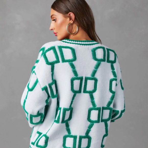 🆕 VICI -LAP OF LUXURY CARDIGAN ~ Green & White - Size Medium/ Large - Picture 5 of 9